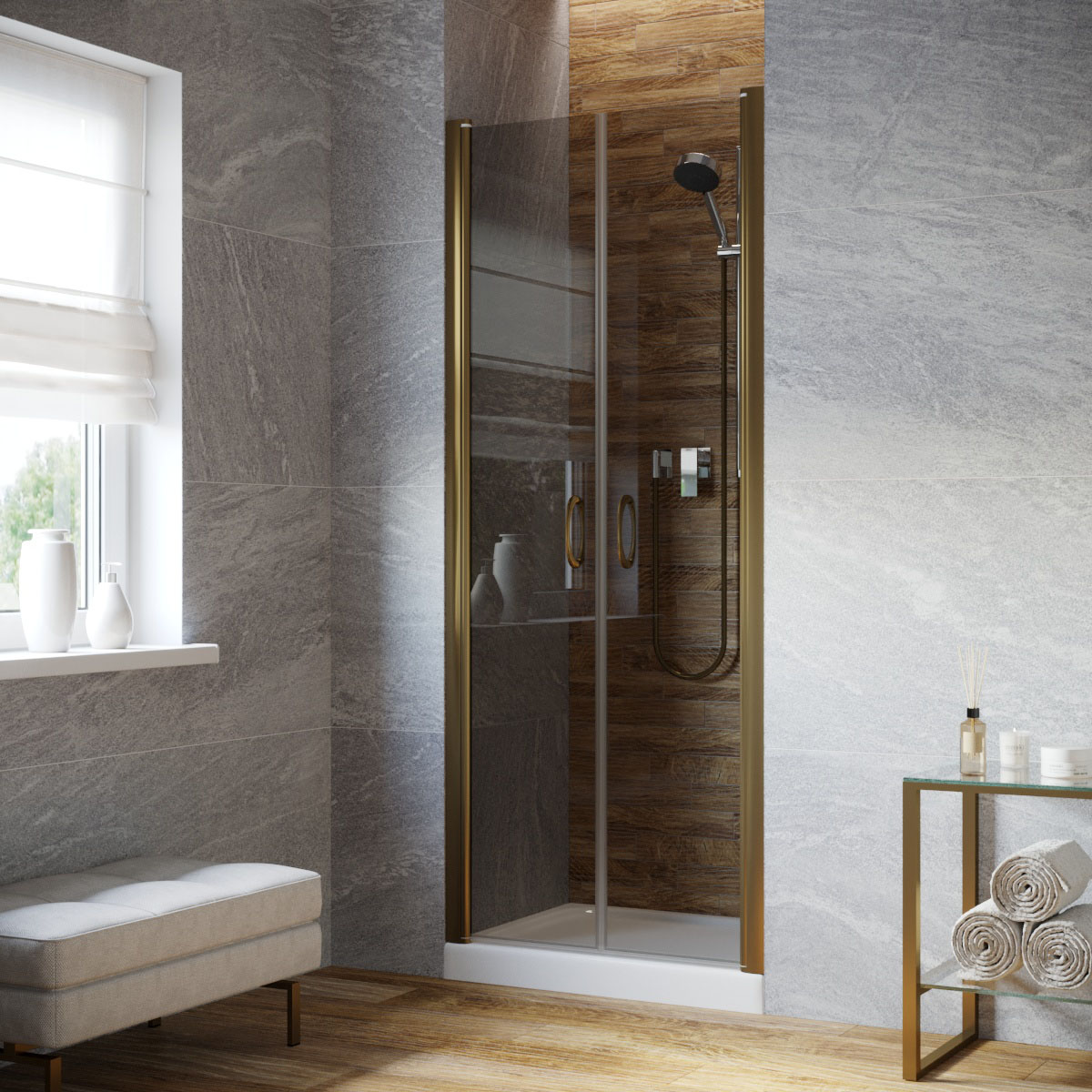 Душевая дверь в нишу Vegas Glass Е2Р LUX 80 05 07, профиль бронза, стекло графит