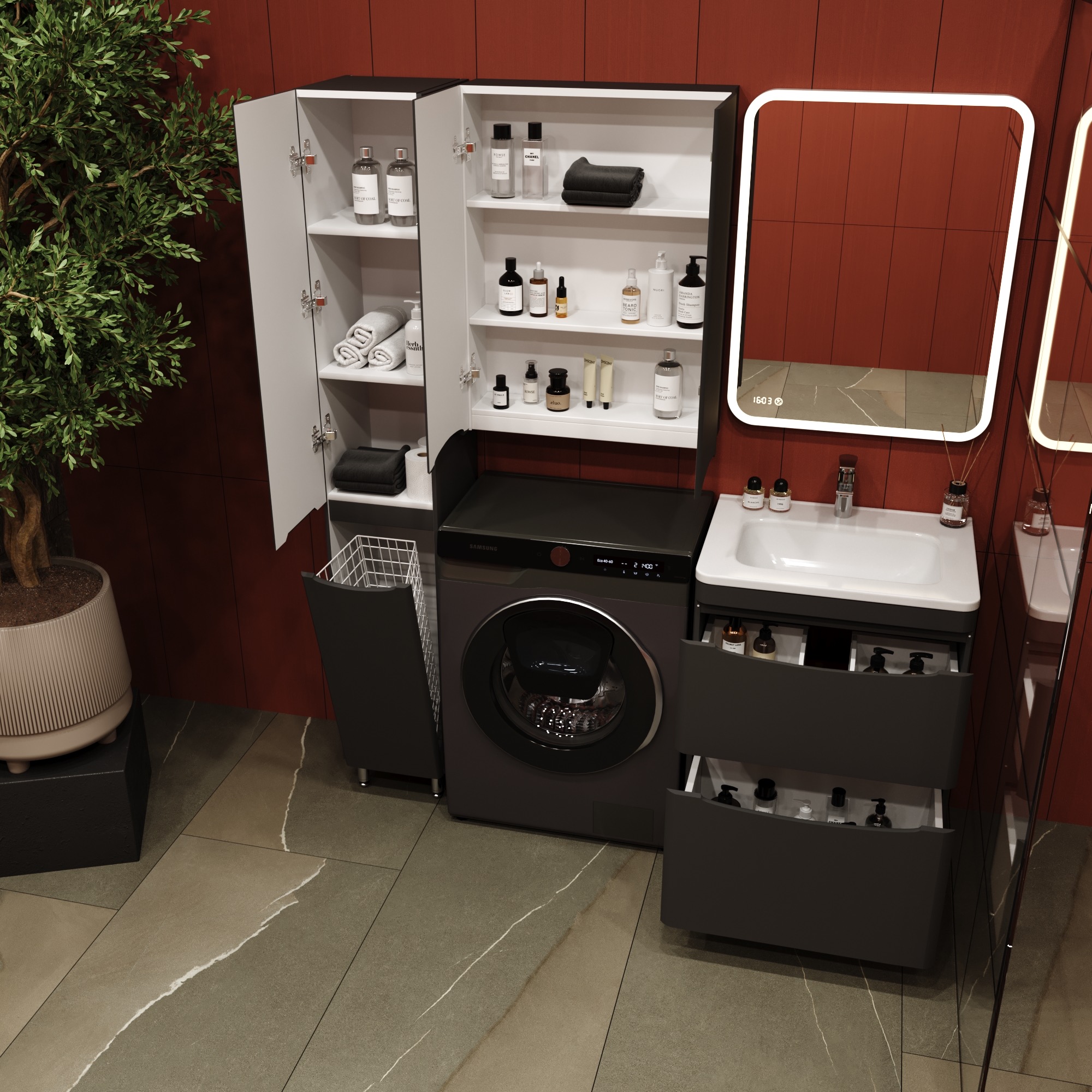 Тумба с раковиной Style Line Бергамо мини 60 2 ящика Люкс антискрейтч черная, Plus напольная