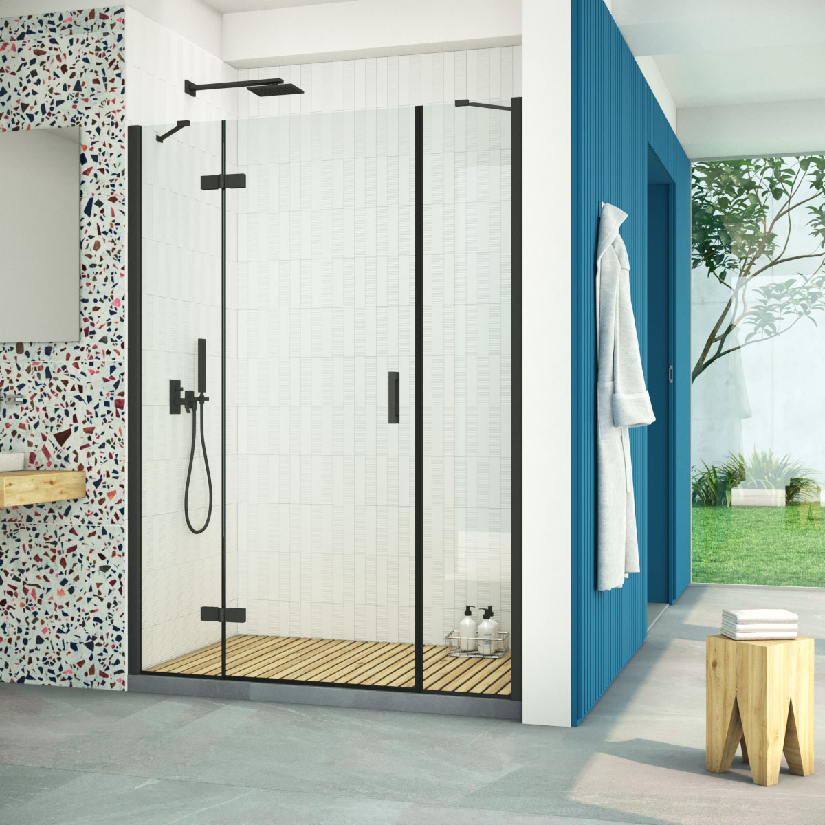 Душевая дверь в нишу Vegas Glass AFP-F Retta 140 02М 01 L, профиль черный матовый стекло прозрачное