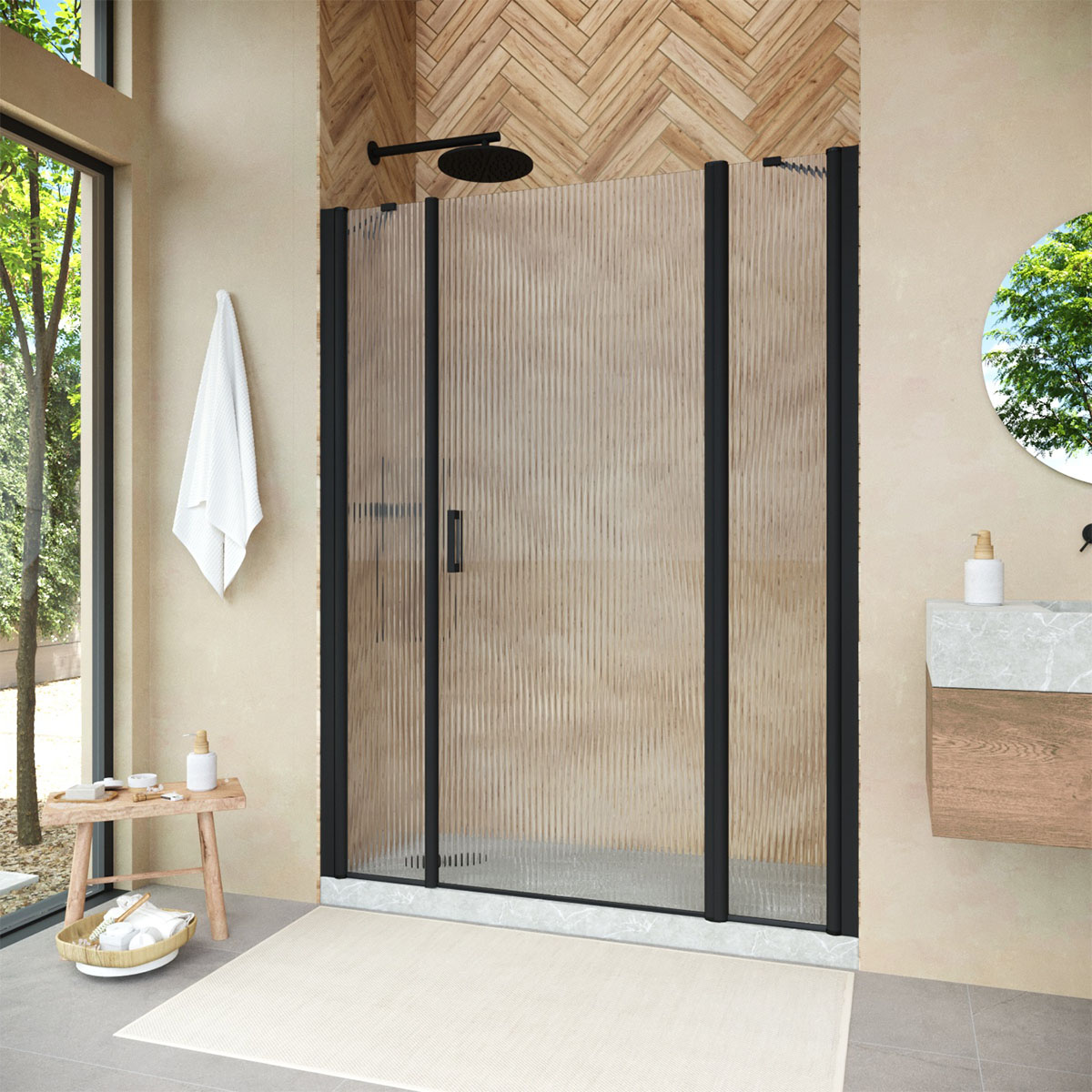 Душевая дверь в нишу Vegas Glass  EP-2F NOVO h2000 155 02М Moru R, профиль черный матовый, стекло Moru