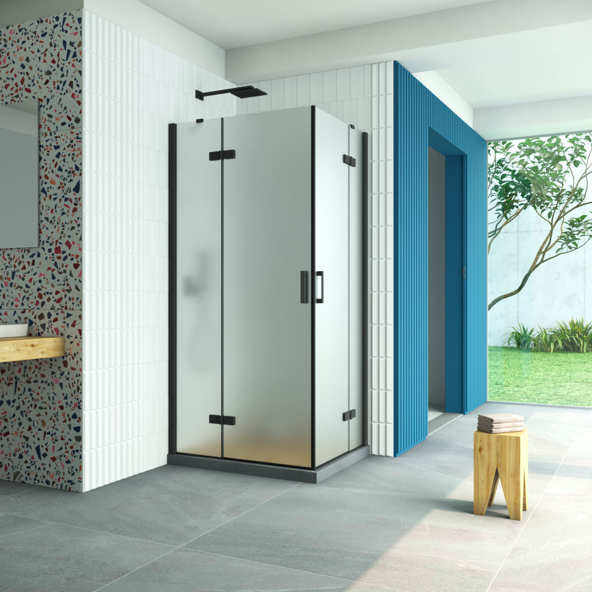 Душевой уголок Vegas Glass AFA-F Retta 100*80 02М 10 L, профиль черный матовый стекло сатин