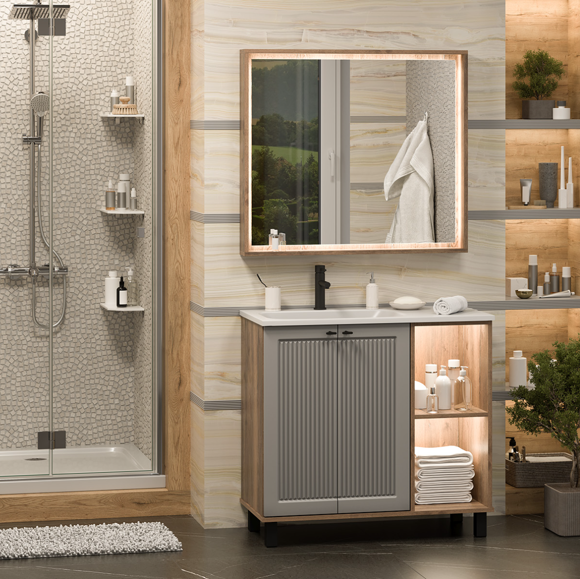 Тумба с раковиной Brevita Lumus 90 с подсветкой, левая