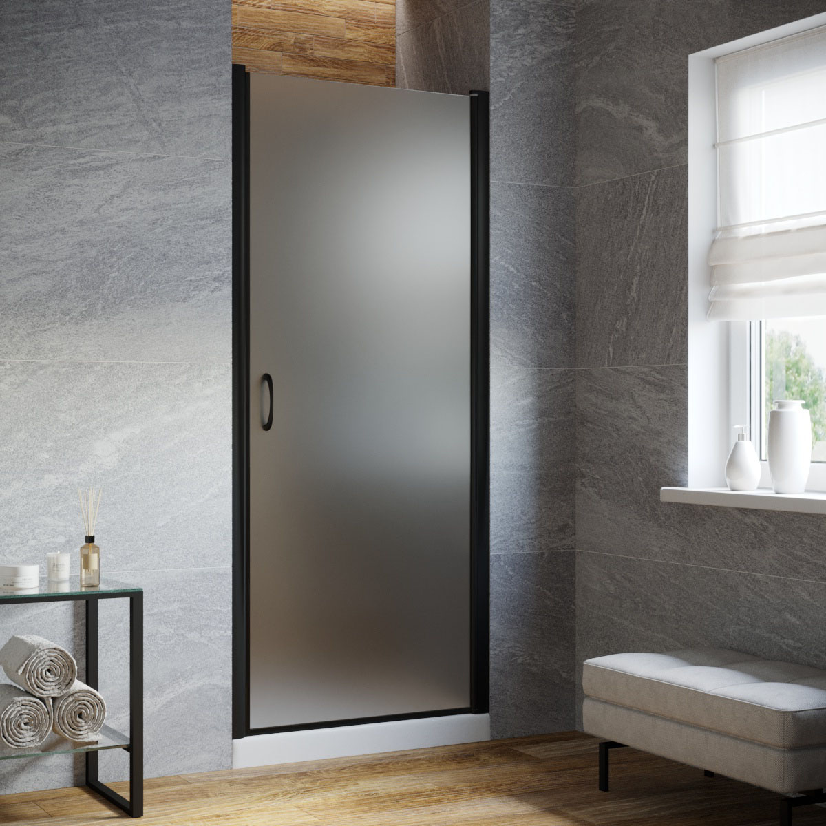 Душевая дверь в нишу Vegas Glass EP LUX 85 02М 10 R, профиль черный матовый, стекло сатин