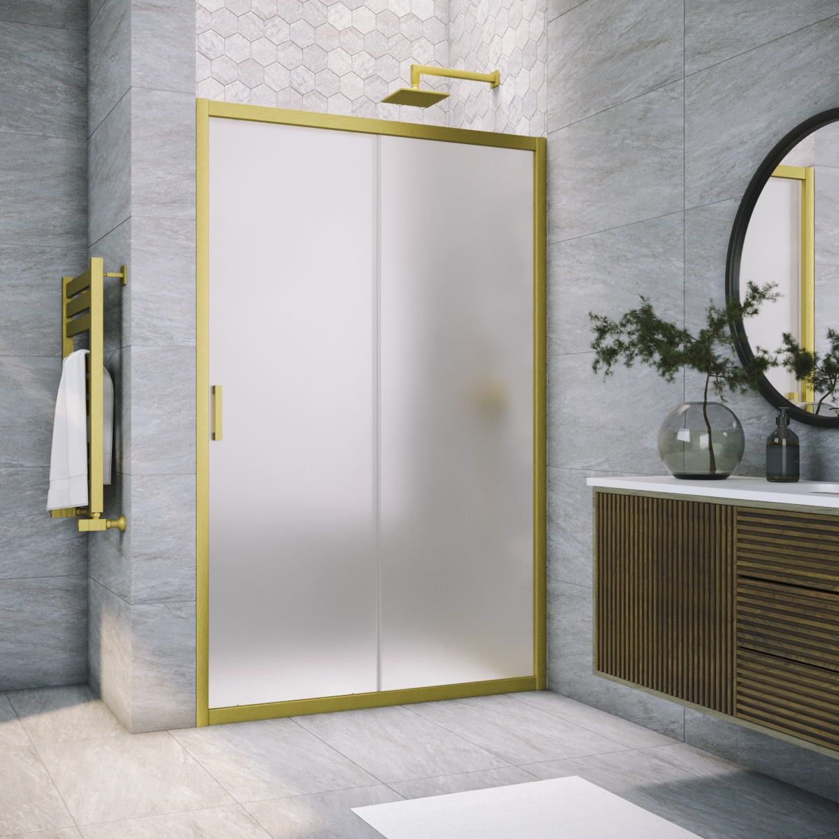 Душевая дверь в нишу Vegas Glass ZP NOVO h2000 130 03 10, профиль золото матовое, стекло сатин