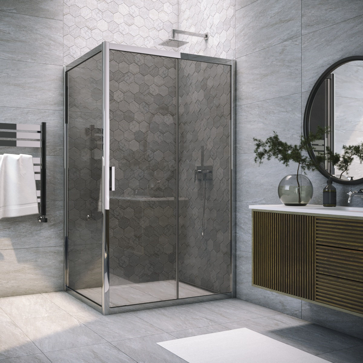 Душевой уголок Vegas Glass ZP+ZPV TUR NOVO h1900 165*80 08 07, профиль глянцевый хром, стекло графит