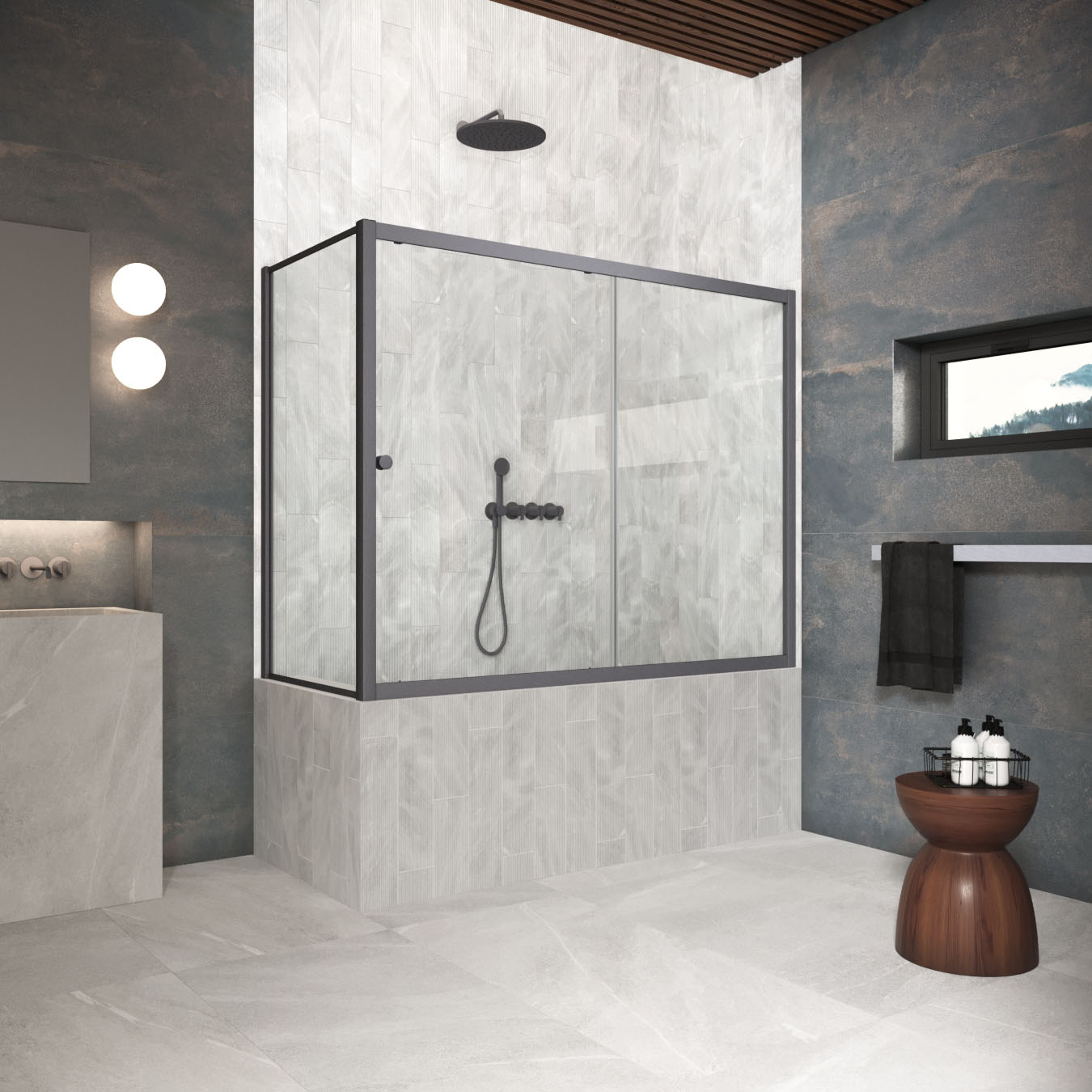 Шторка на ванну Vegas Glass  ZV+ZVF Protec 160*80 06 01, профиль GunMetal, стекло прозрачное