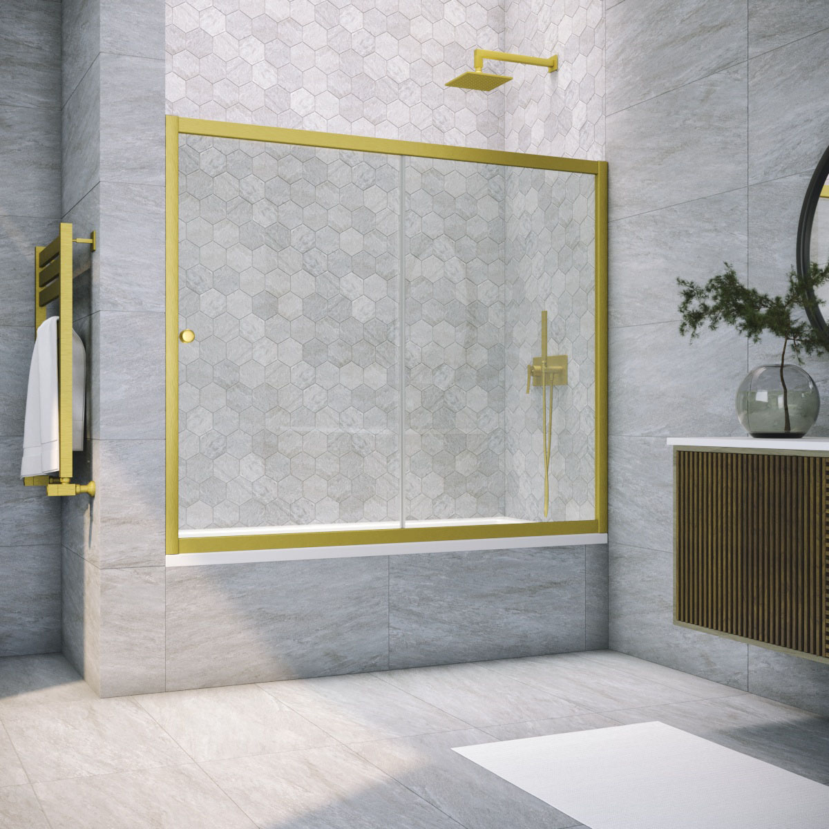 Шторка на ванну Vegas Glass ZV NOVO 160 03 01, профиль золото матовое, стекло прозрачное