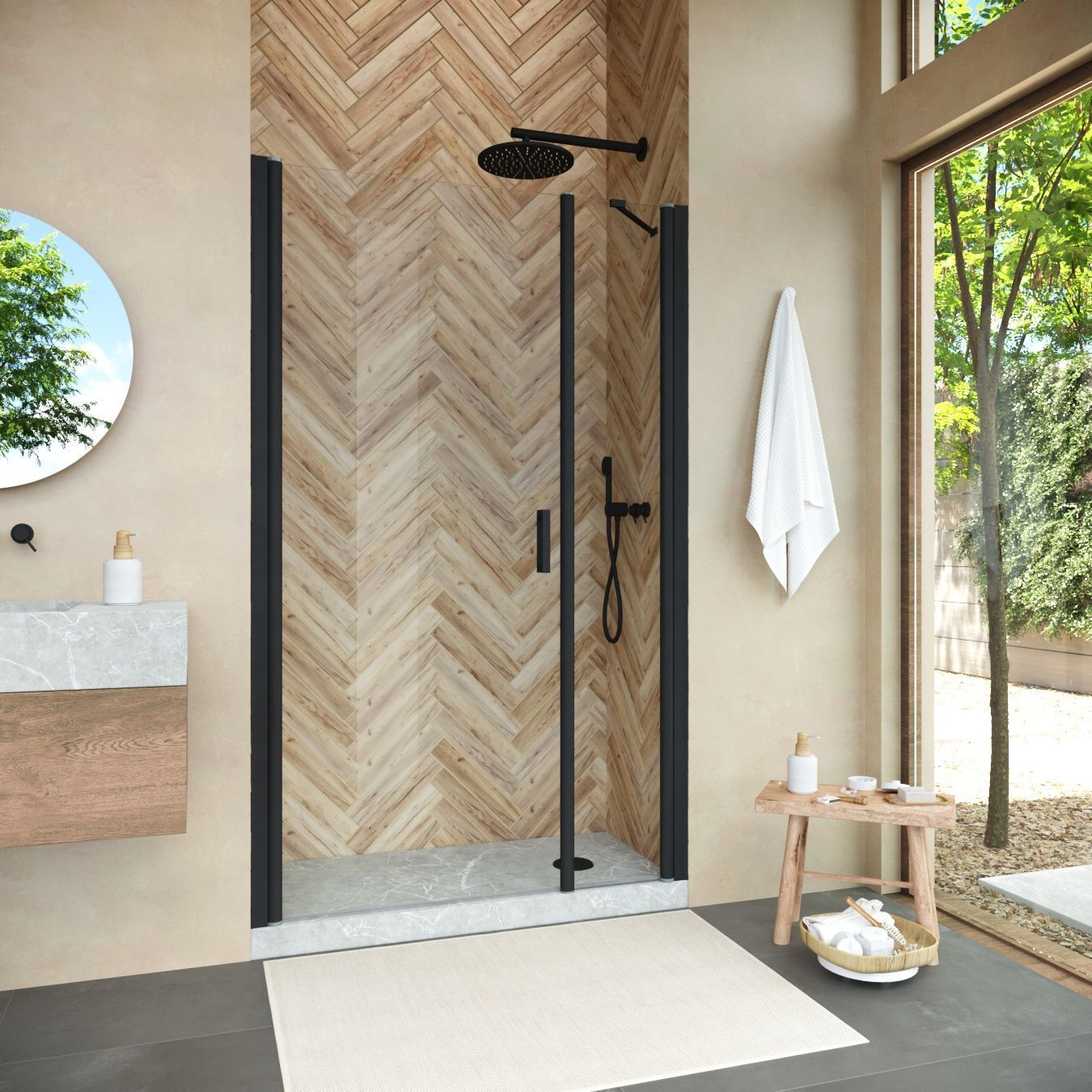 Душевая дверь в нишу Vegas Glass EP-F-2 NOVO h2000 110 02М crystalvision R профиль черный матовый, стекло crystalvision