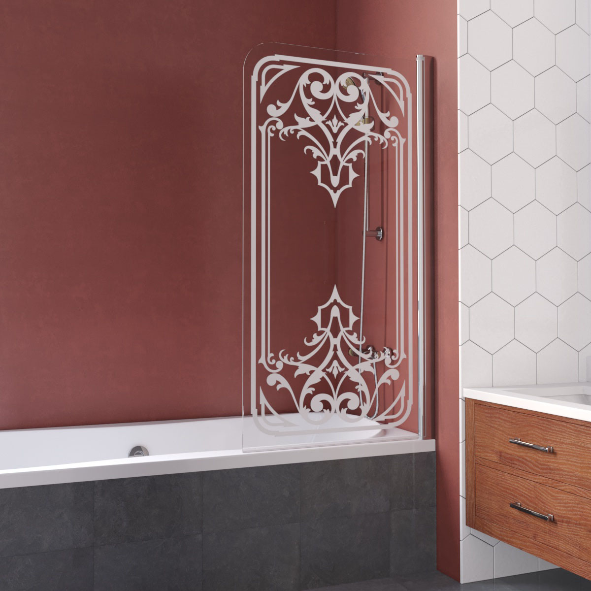 Шторка на ванну Vegas Glass EV LUX 75 08 ARTDECO D2 R, профиль глянцевый хром, стекло с декором