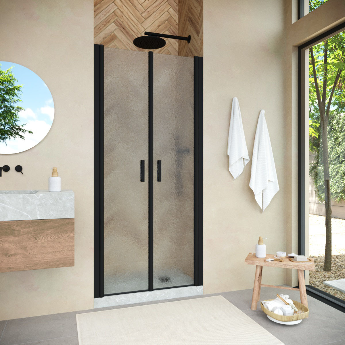 Душевая дверь в нишу Vegas Glass  E2P NOVO h2000 90 02М 02, профиль черный матовый, стекло шиншилла