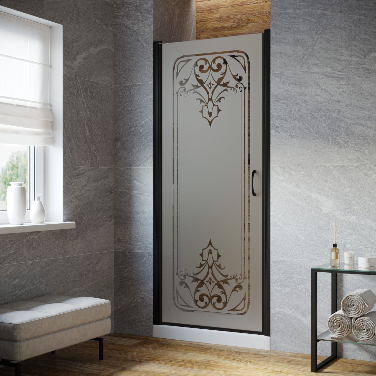 Душевая дверь в нишу Vegas Glass EP LUX 95 02М ARTDECO D2 L, профиль черный матовый, стекло сатин, рисунок прозрачный