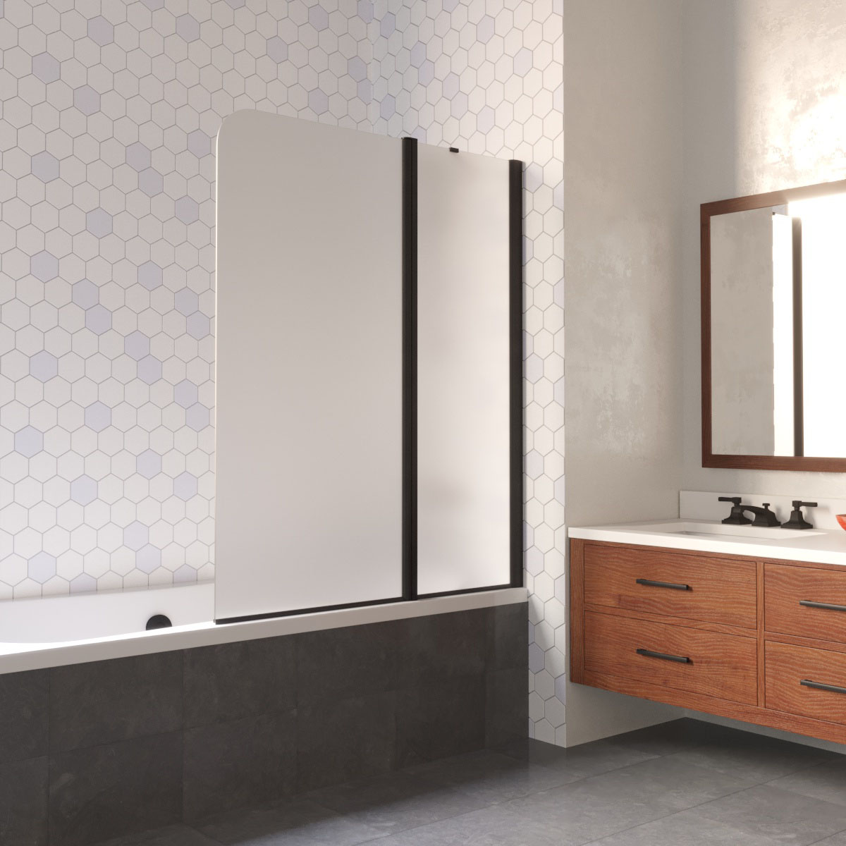 Шторка на ванну Vegas Glass E2V LUX ST 125 02М 10 R, профиль черный матовый, стекло сатин