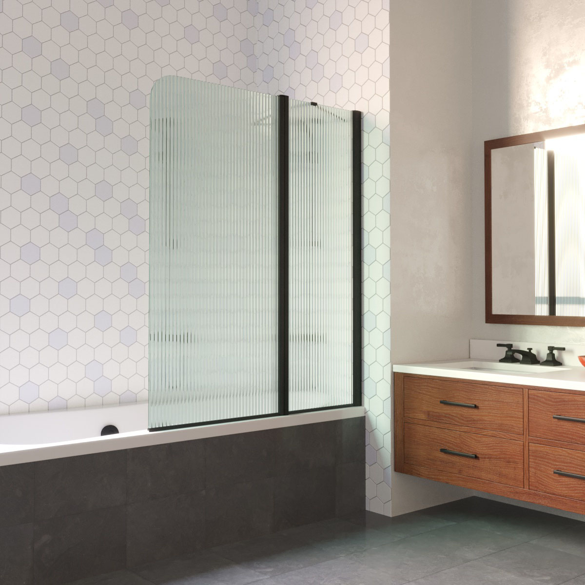 Шторка на ванну Vegas Glass  E2V LUX ST 115 02М Moru R, профиль черный матовый, стекло Moru