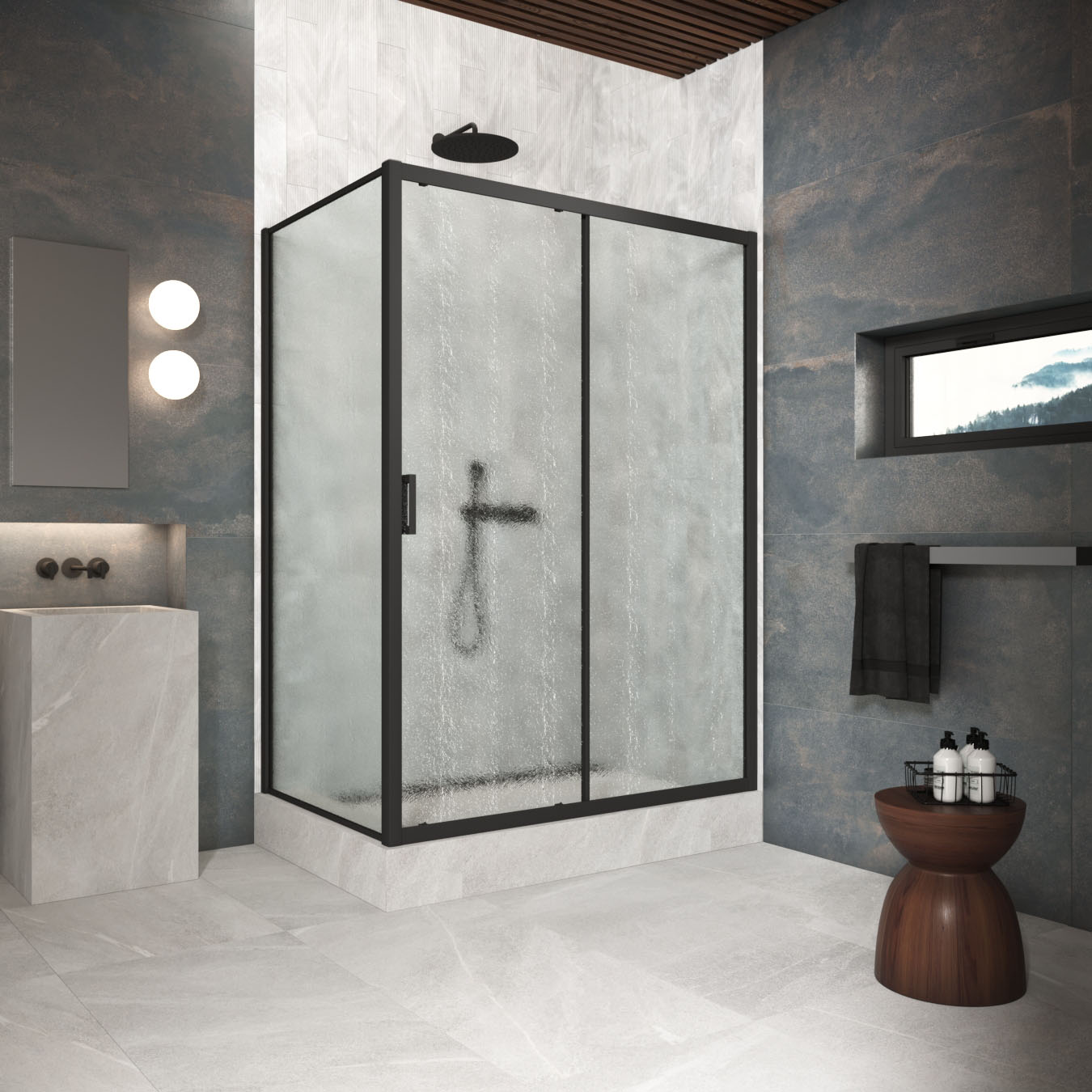 Душевой уголок Vegas Glass ZP+ZPV Protec h1900 140*95 02М 02, профиль черный матовый, стекло шиншилла