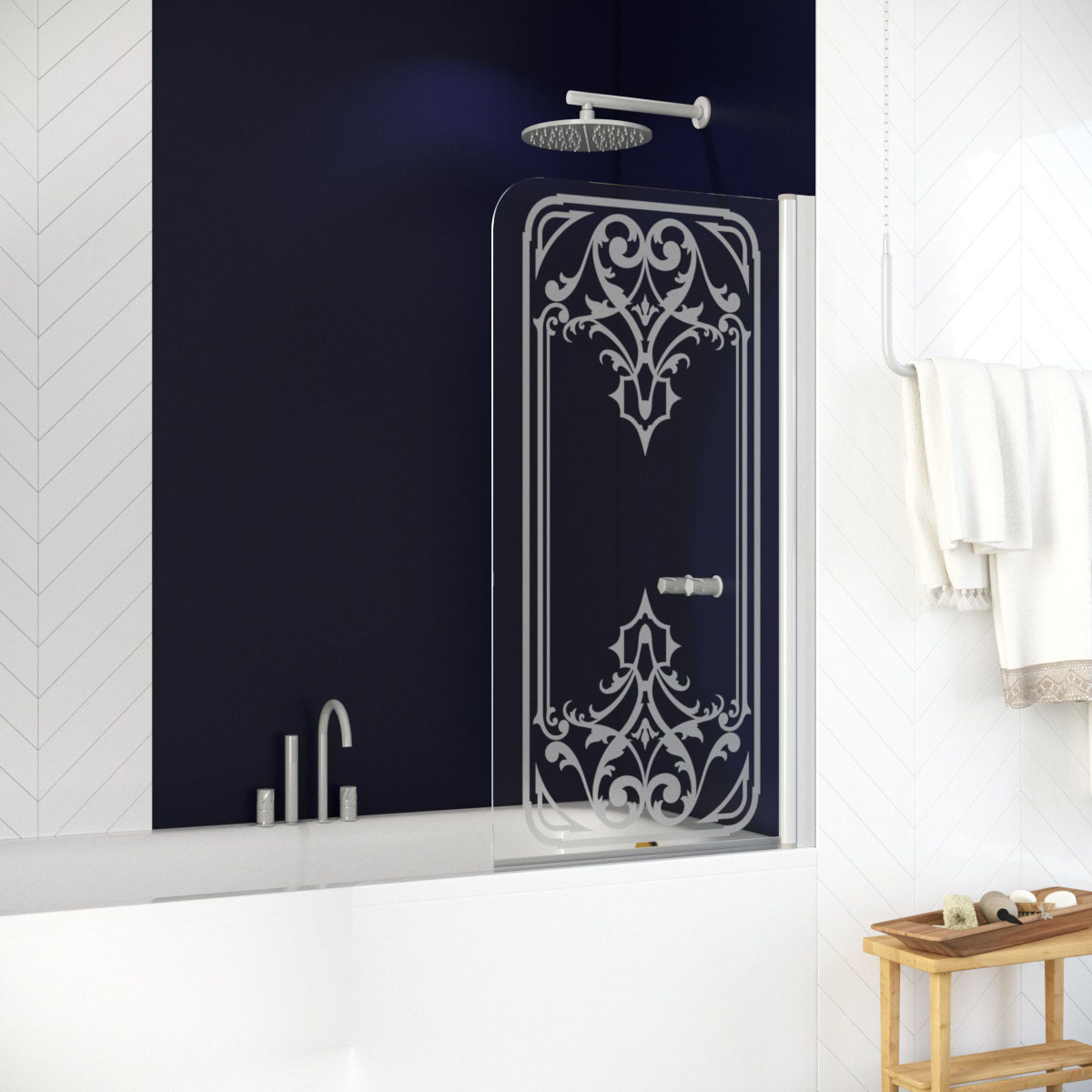 Шторка на ванну Vegas Glass EV NOVO 76 01 ARTDECO D2 R, профиль белый, стекло с декором