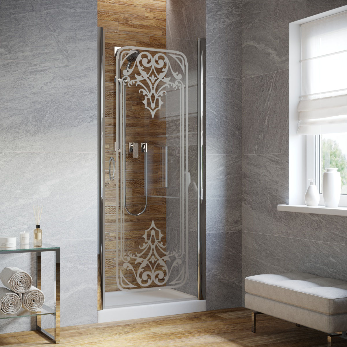 Душевая дверь в нишу Vegas Glass EP LUX 85 08 ARTDECO D1 R, профиль глянцевый хром, стекло прозрачное, рисунок сатин