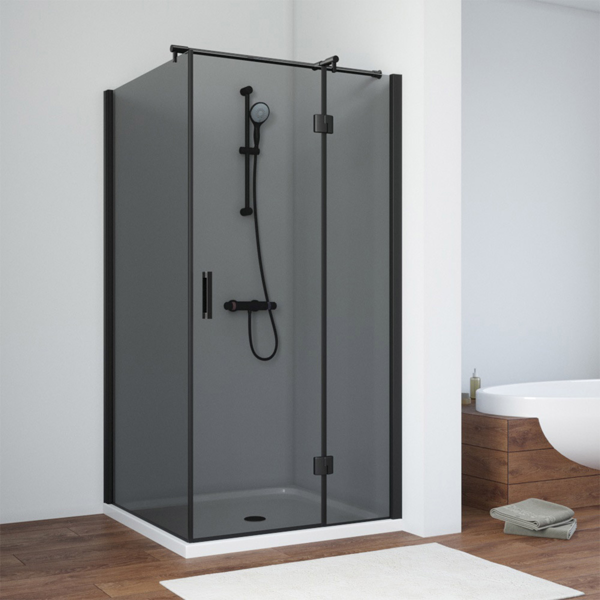 Душевой уголок Vegas Glass AFP-Fis NOVO 120*80 02М 07 R, профиль черный матовый, стекло графит