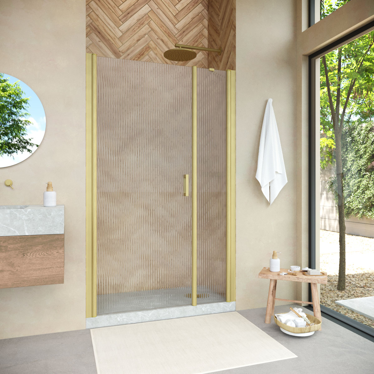 Душевая дверь в нишу Vegas Glass  EP-F-2 NOVO 125 03 Moru L, профиль золото матовое, стекло Moru