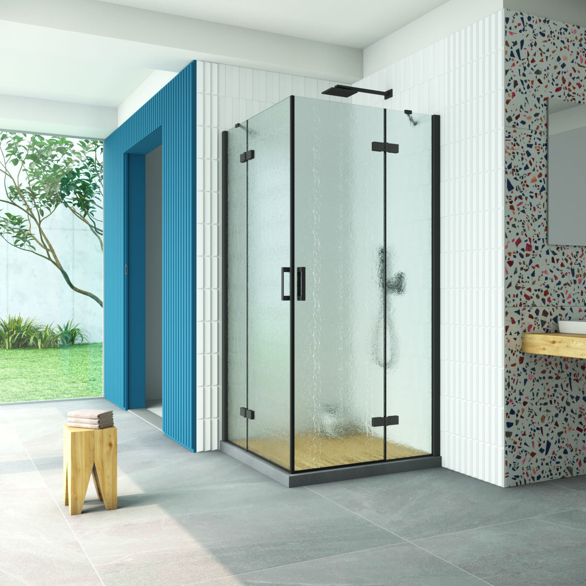 Душевой уголок Vegas Glass AFA Retta 90 02М 02, профиль черный матовый, стекло шиншилла