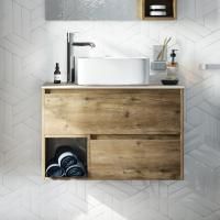 Тумба с раковиной Stworki Карлстад 75 дуб рустикальный, простоун беж, с отверстием для смесителя в столешнице