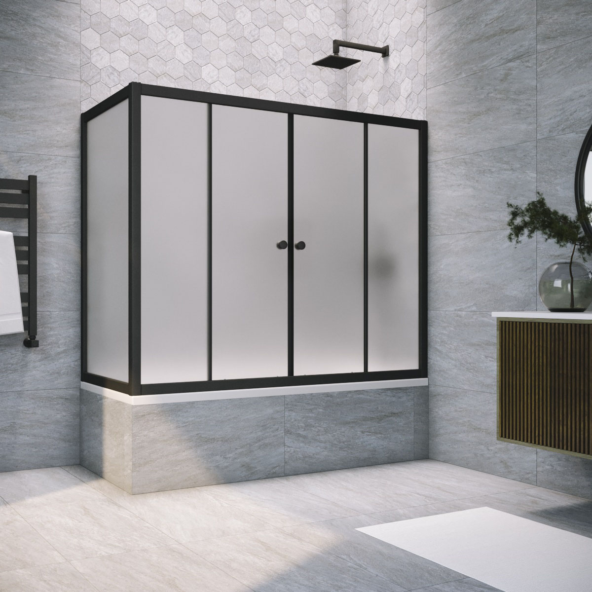 Шторка на ванну Vegas Glass Z2V+ZVF NOVO 150*75 02М 10, профиль черный матовый, стекло сатин