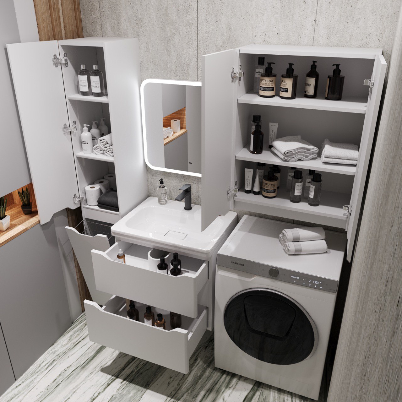 Тумба с раковиной Style Line Марелла 60 2 ящика Люкс антискрейтч белая матовый, Plus подвесная