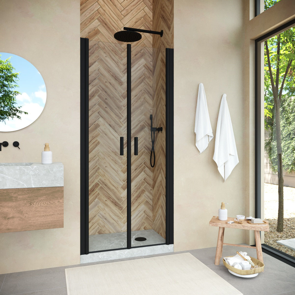 Душевая дверь в нишу Vegas Glass  E2P NOVO 110 02М crystalvision, профиль черный матовый, стекло crystalvision