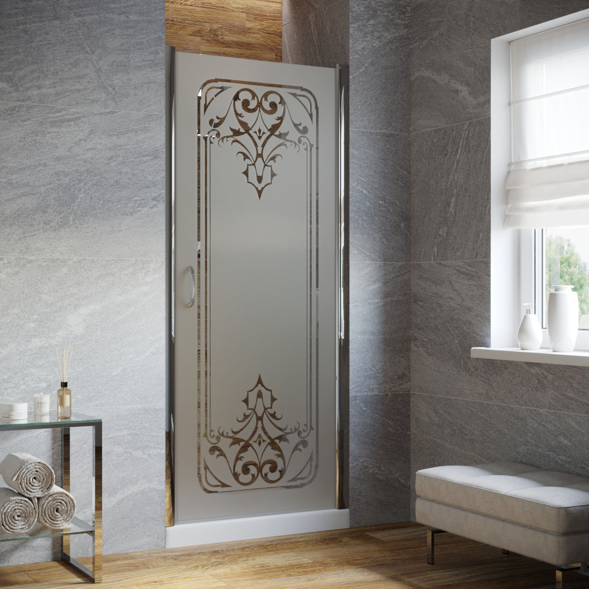 Душевая дверь в нишу Vegas Glass EP LUX 95 08 ARTDECO D2 R, профиль глянцевый хром, стекло сатин, рисунок прозрачный