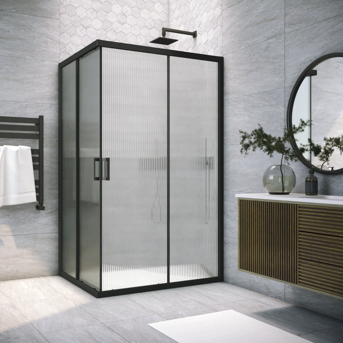 Душевой уголок Vegas Glass ZA-F NOVO h2000 110*70 02М Moru, профиль черный матовый, стекло Moru