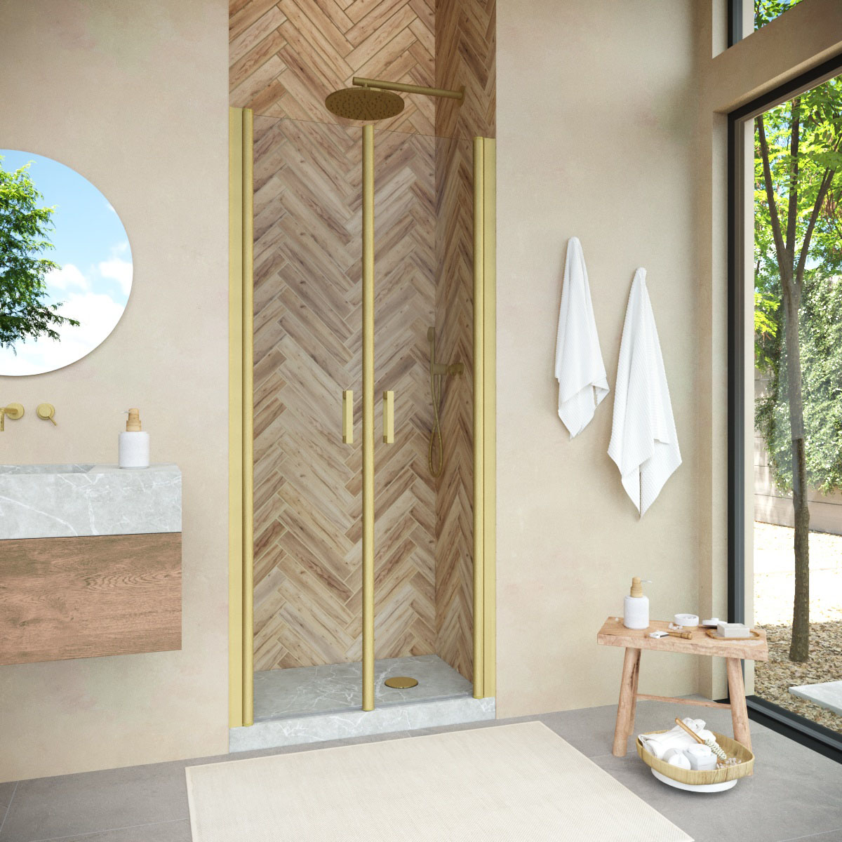 Душевая дверь в нишу Vegas Glass  E2P NOVO h2000 100 03 crystalvision, профиль золото матовое, стекло crystalvision