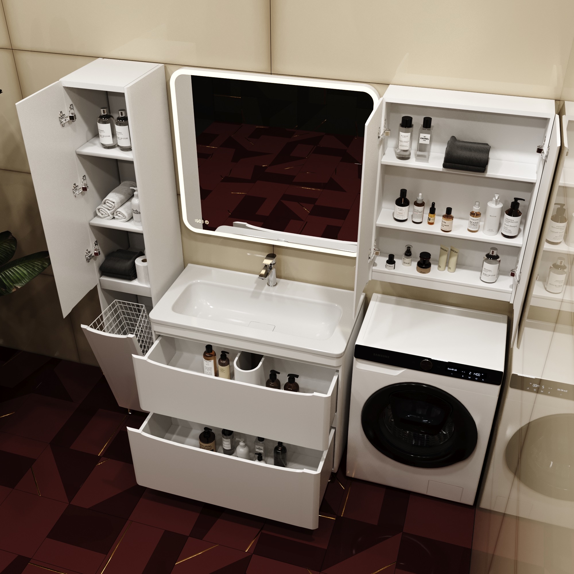 Тумба с раковиной Style Line Бергамо мини 90 2 ящика Люкс антискрейтч белая, Plus напольная