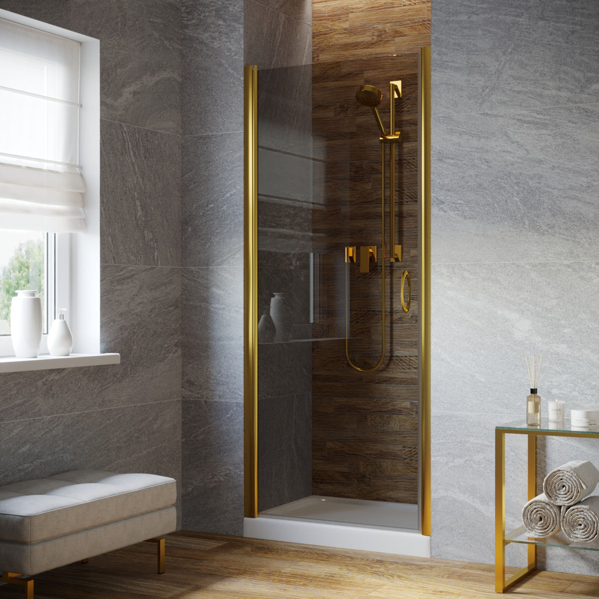 Душевая дверь в нишу Vegas Glass EP LUX 85 09 07 L, профиль золото глянцевое, стекло графит