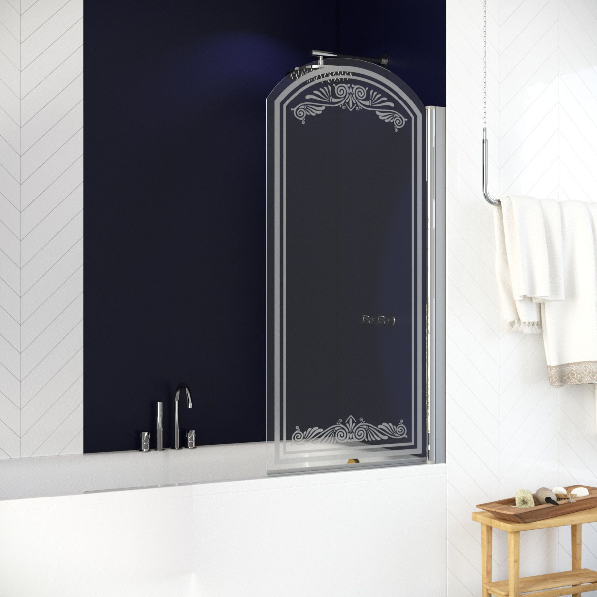 Шторка на ванну Vegas Glass EV ARC 76 08 B5+kristall R, профиль глянцевый хром, стекло бронза рисунок kristall