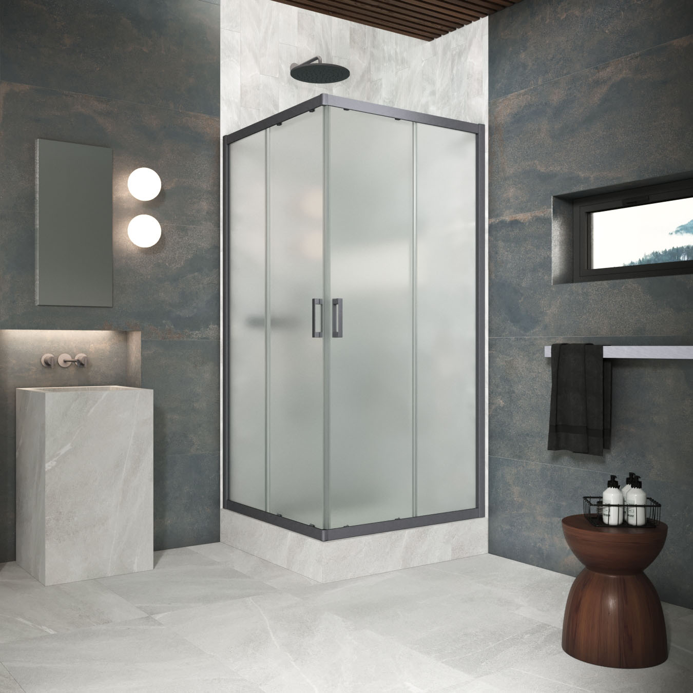 Душевой уголок Vegas Glass ZA Protec h1900 90 06 10, профиль GunMetal, стекло сатин