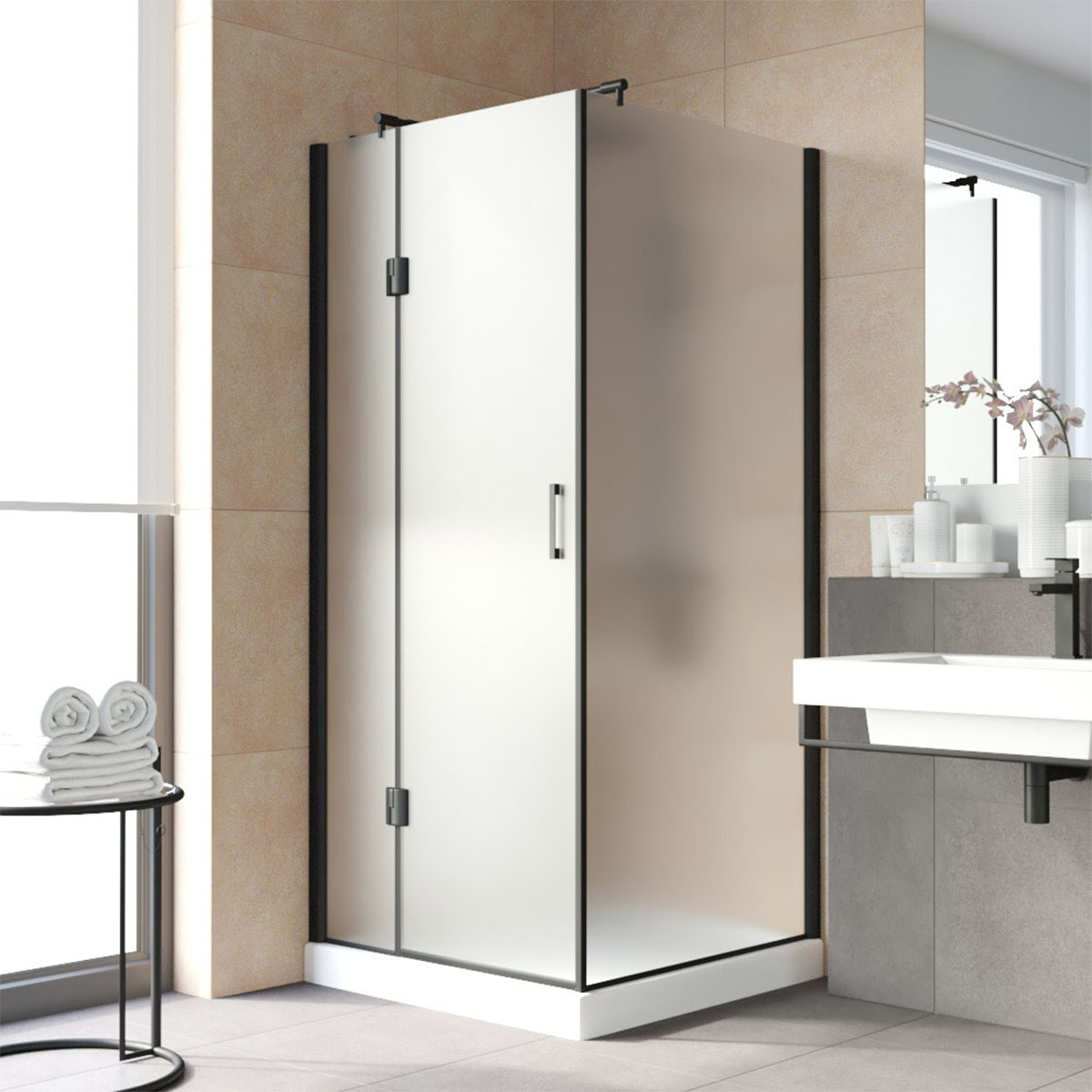 Душевой уголок Vegas Glass AFP-Fis LUX 110 02М 10 L, профиль черный матовый, стекло сатин