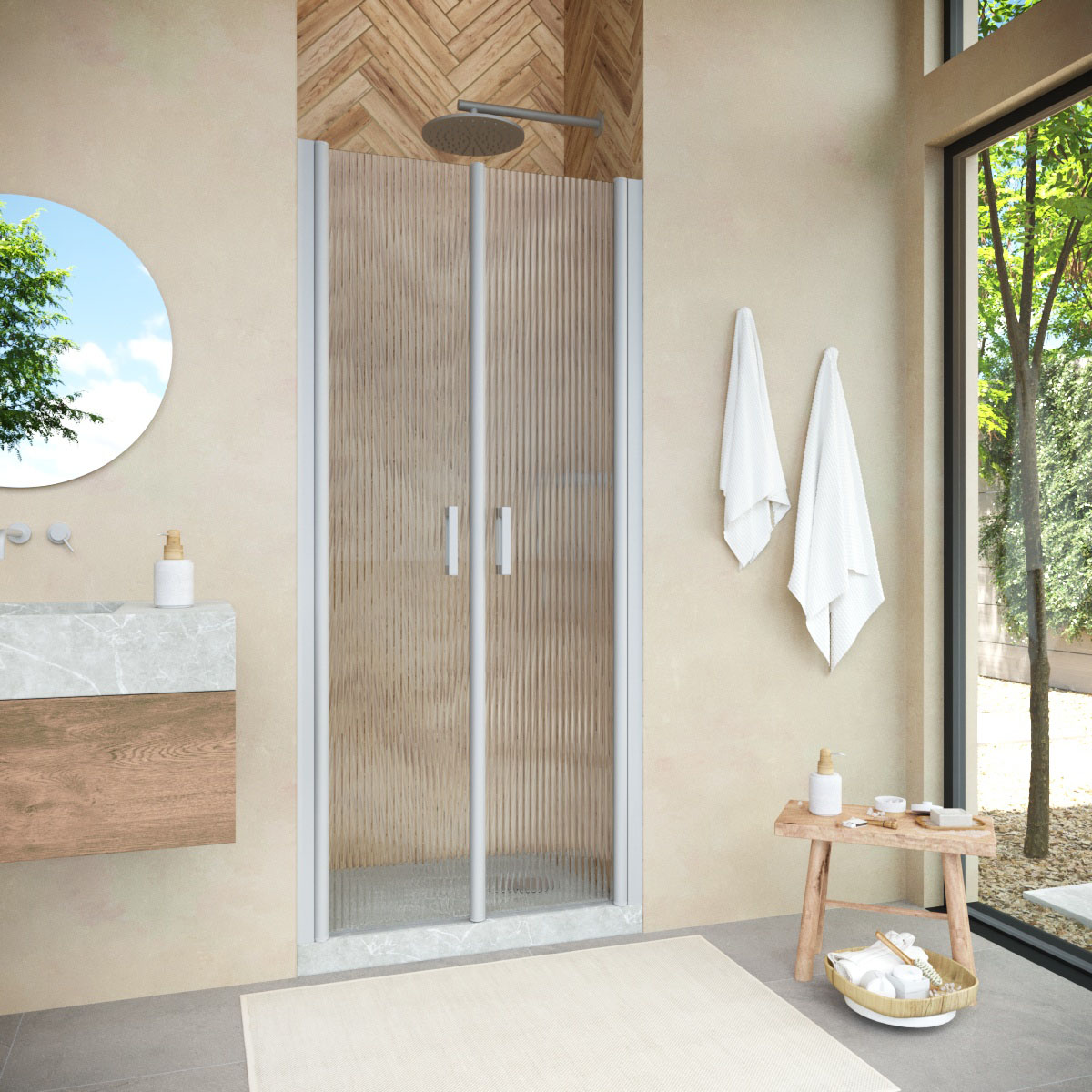 Душевая дверь в нишу Vegas Glass  E2P NOVO h2000 90 07 Moru, профиль матовый хром, стекло Moru