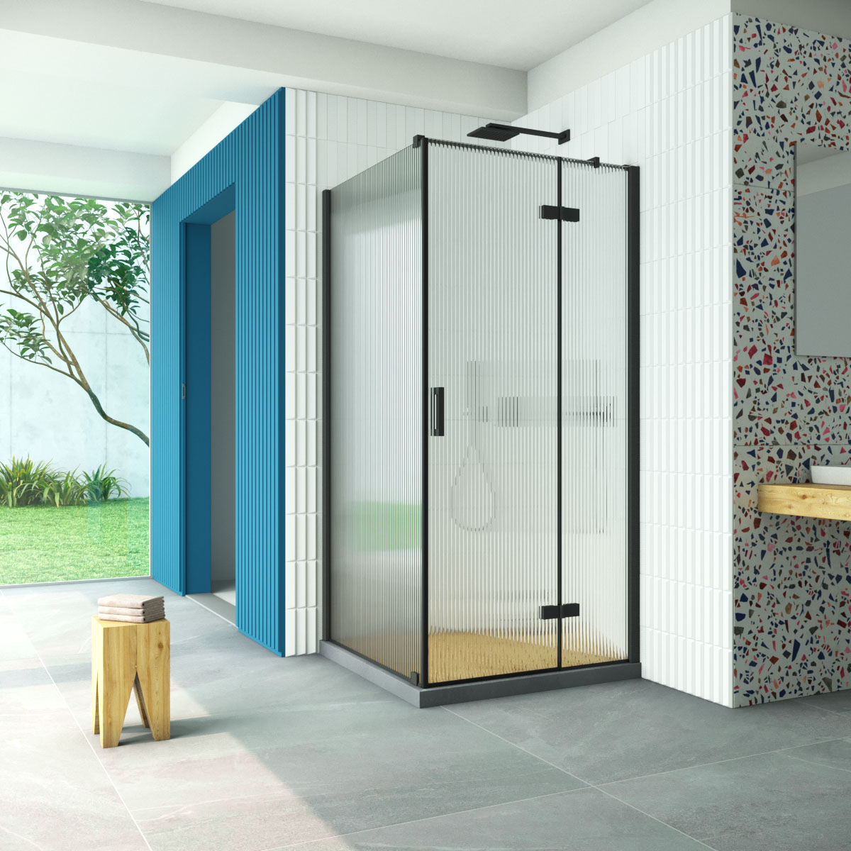 Душевой уголок Vegas Glass AFP-Fis Retta 110*100 02М Moru R, профиль черный матовый стекло Moru