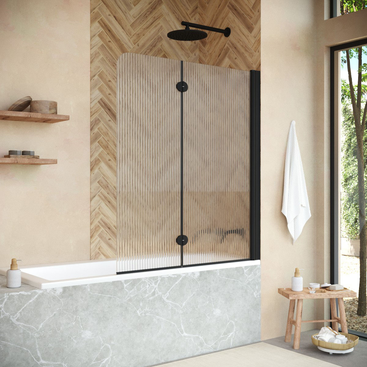 Шторка на ванну Vegas Glass  E2V NOVO 120 02М Moru R, профиль черный матовый, стекло Moru