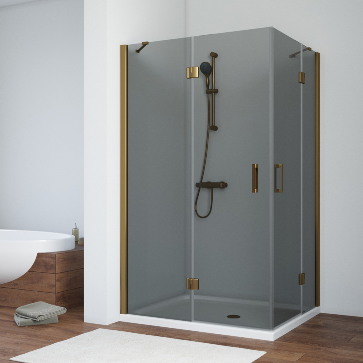 Душевой уголок Vegas Glass AFA-F NOVO 90*80 05 07 L, профиль бронза, стекло графит