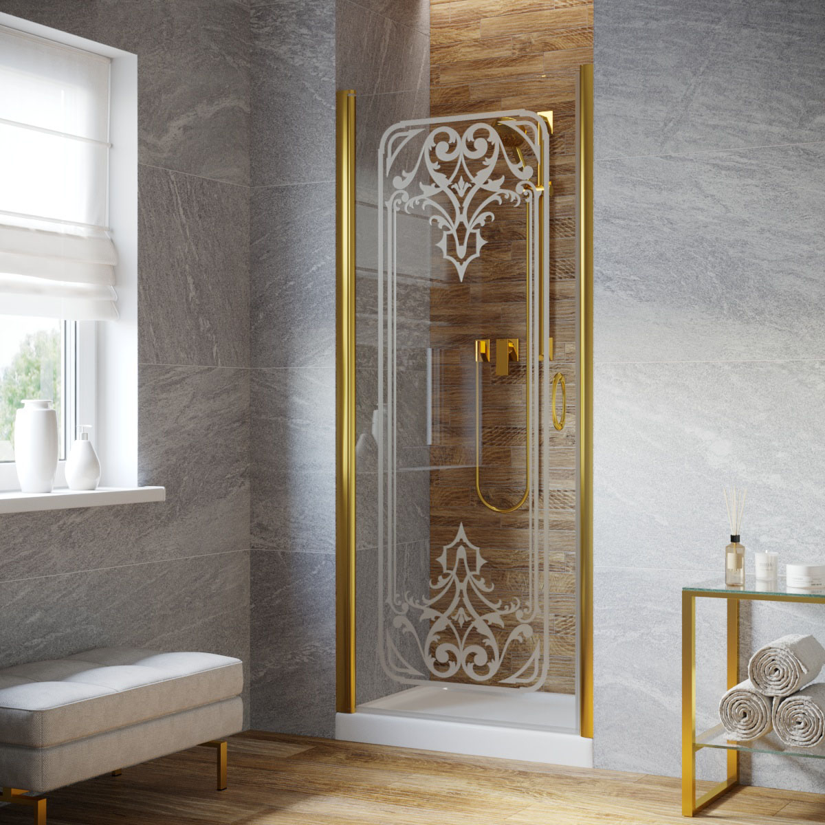 Душевая дверь в нишу Vegas Glass EP LUX 90 09 ARTDECO D1 L, профиль золото глянцевое, стекло прозрачное, рисунок сатин