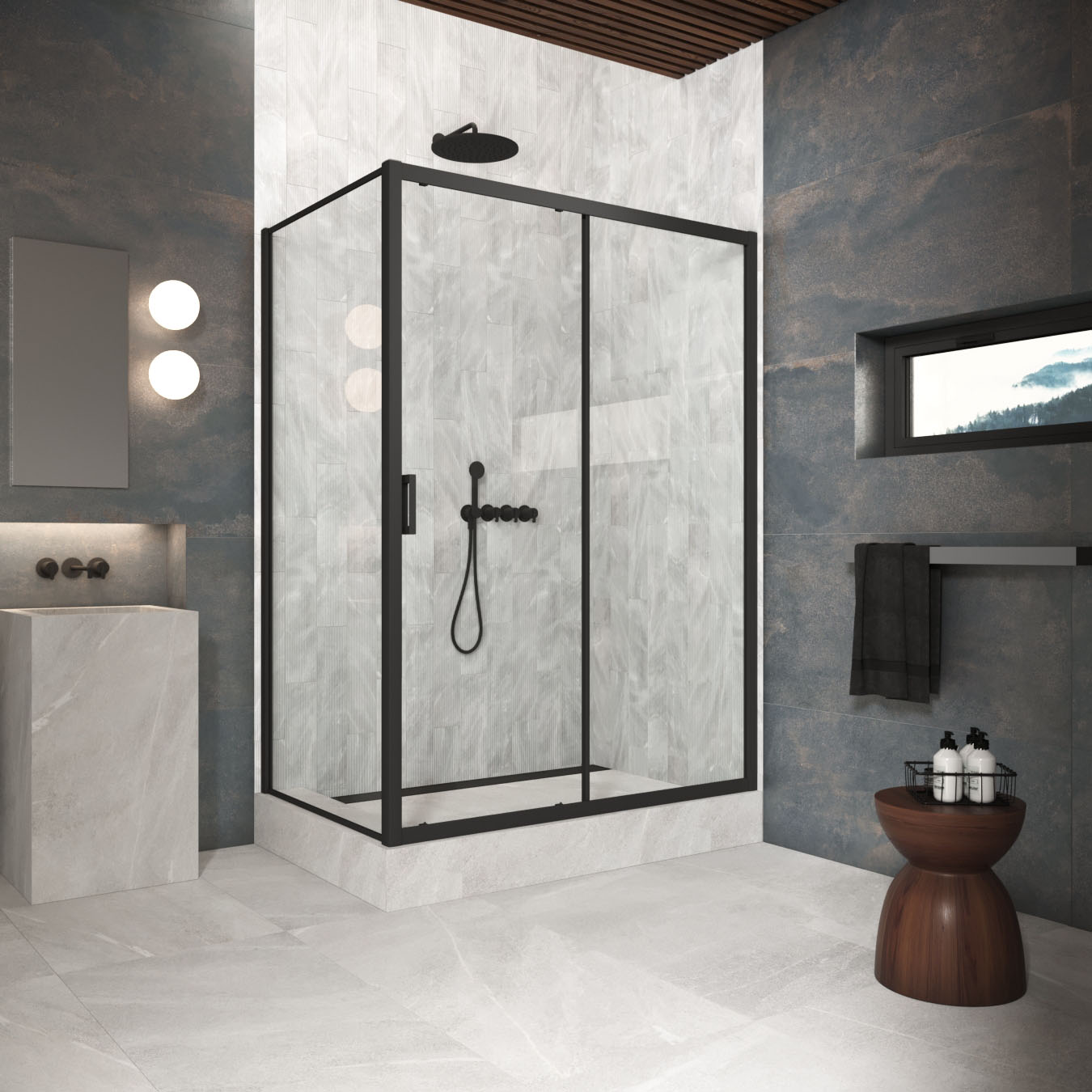 Душевой уголок Vegas Glass ZP+ZPV Protec h1900 160*100 02М 01, профиль черный матовый, стекло прозрачное