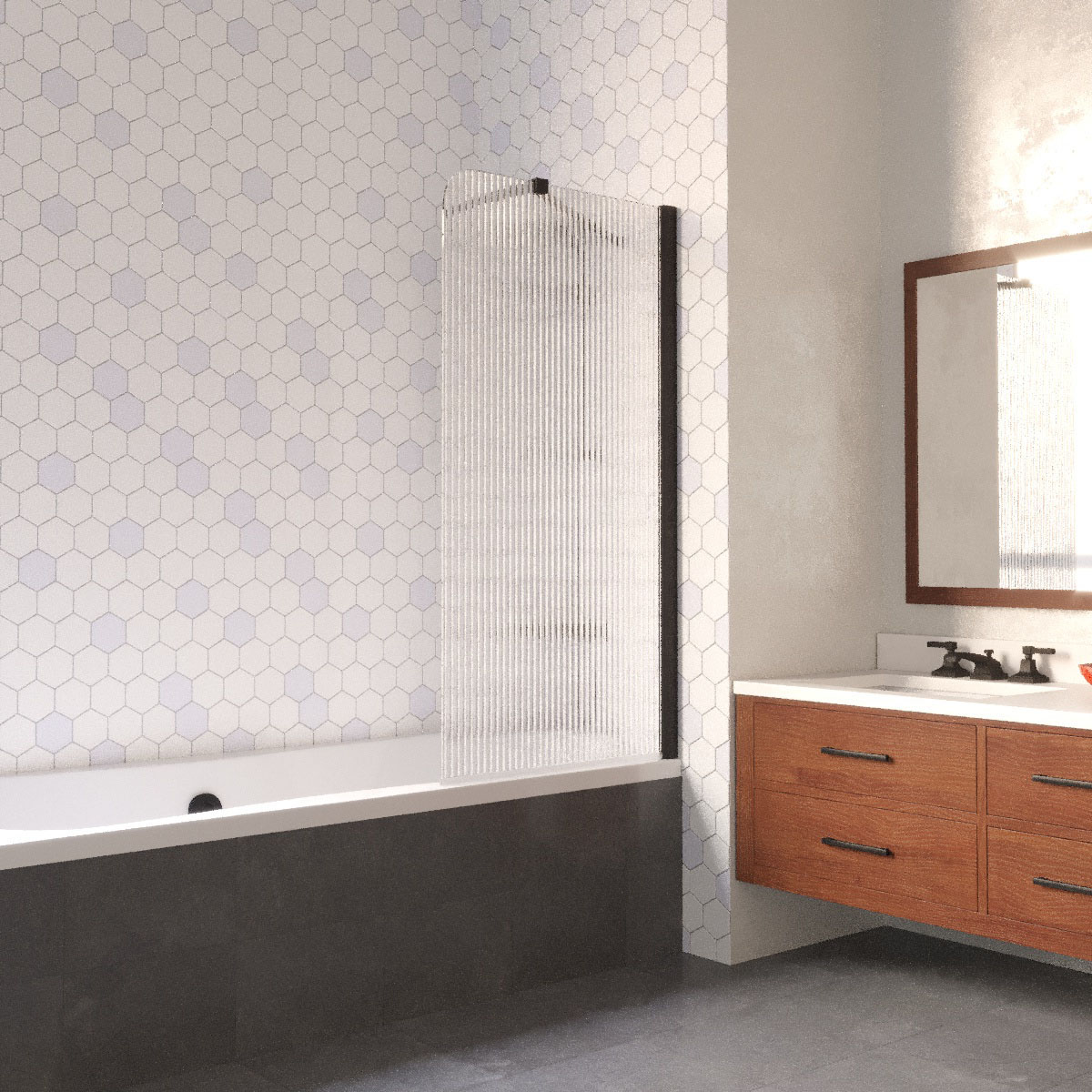 Шторка на ванну Vegas Glass EV LUX ST 76 02М Moru R, профиль черный матовый, стекло Moru