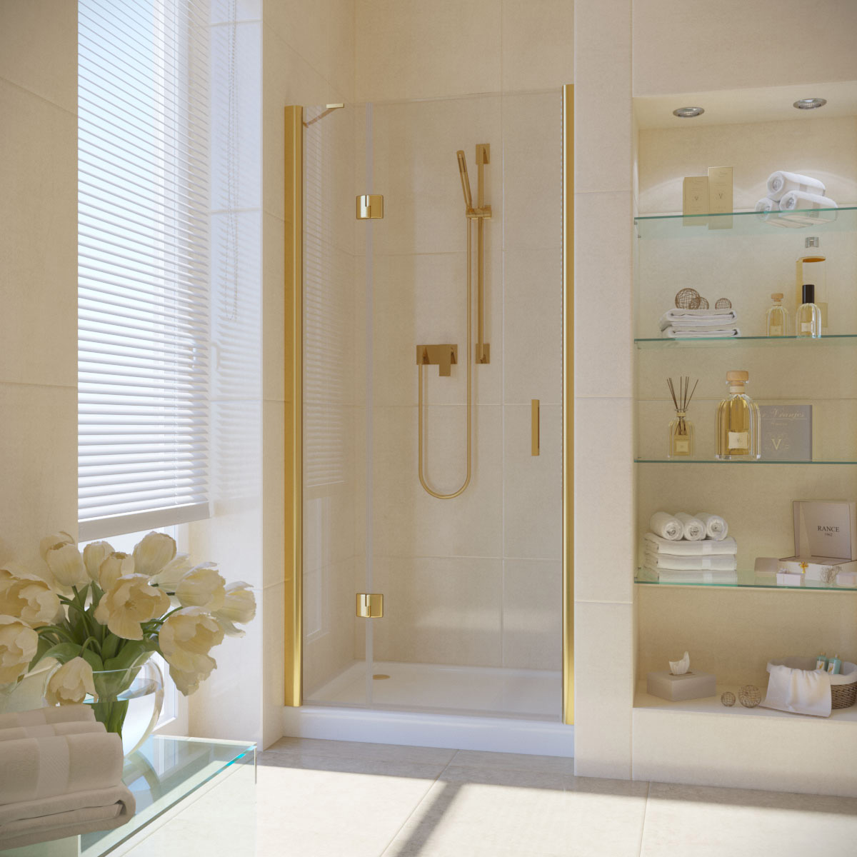 Душевая дверь в нишу Vegas Glass AFP LUX 120 09 crystalvision L, профиль золото глянцевое, стекло crystalvision