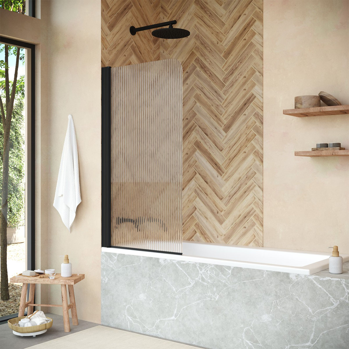 Шторка на ванну Vegas Glass  EV NOVO 70 02М Moru L, профиль черный матовый, стекло Moru