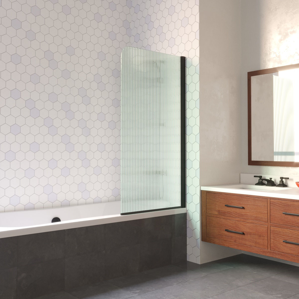 Шторка на ванну Vegas Glass  EV LUX 60 02М Moru R, профиль черный матовый, стекло Moru