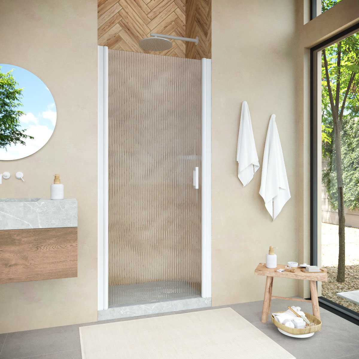 Душевая дверь в нишу Vegas Glass  EP NOVO 70 01 Moru, профиль белый, стекло Moru