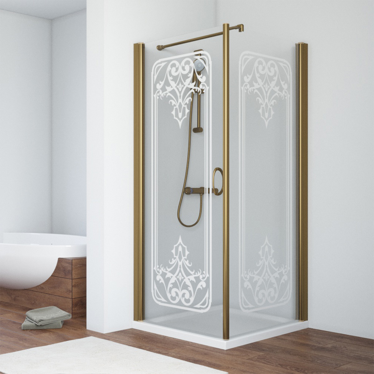 Душевой уголок Vegas Glass EP-Fis 90 05 ARTDECOR D2 L, профиль бронза, стекло прозрачное, рисунок сатин