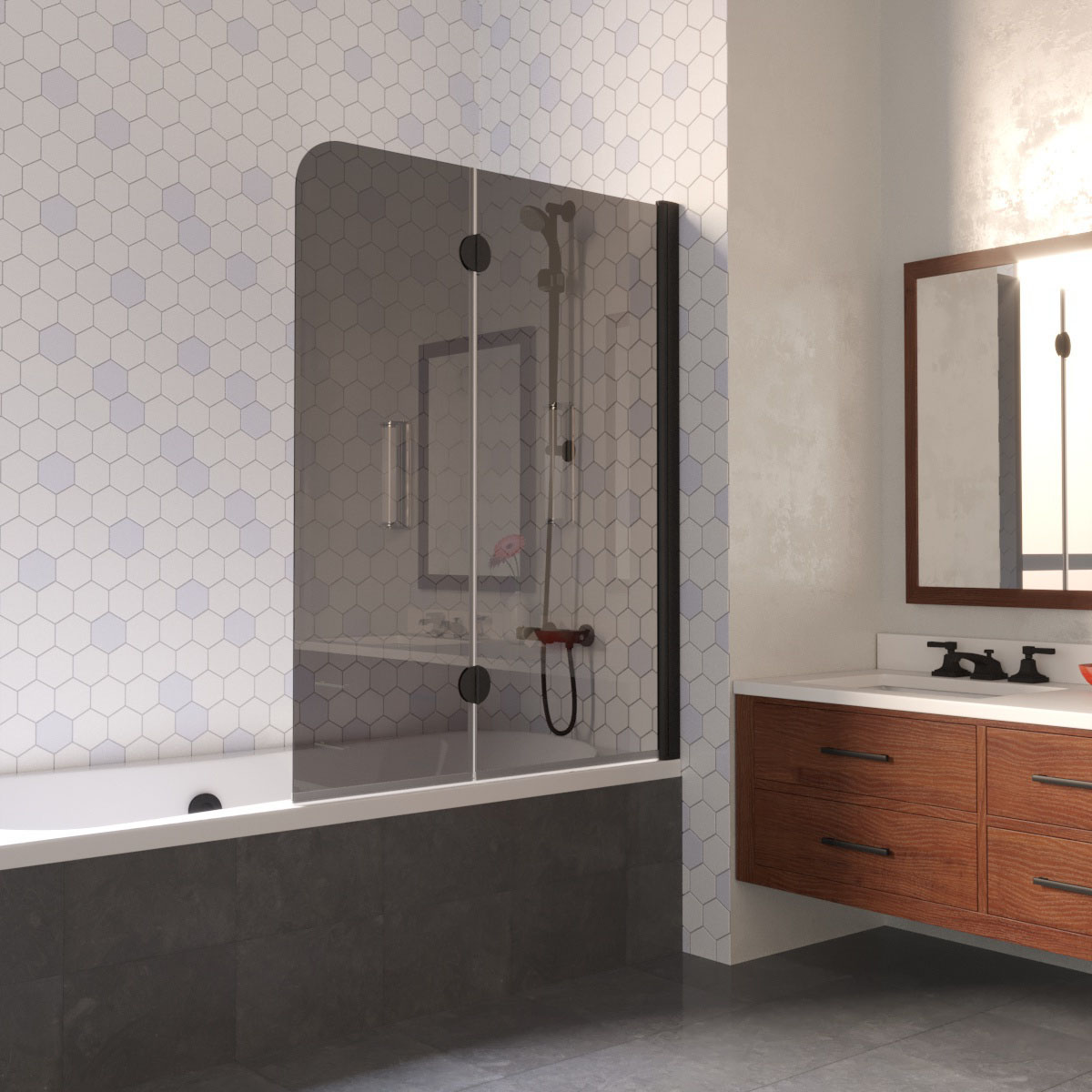 Шторка на ванну Vegas Glass E2V LUX 120 02М 07 R, профиль черный матовый, стекло графит