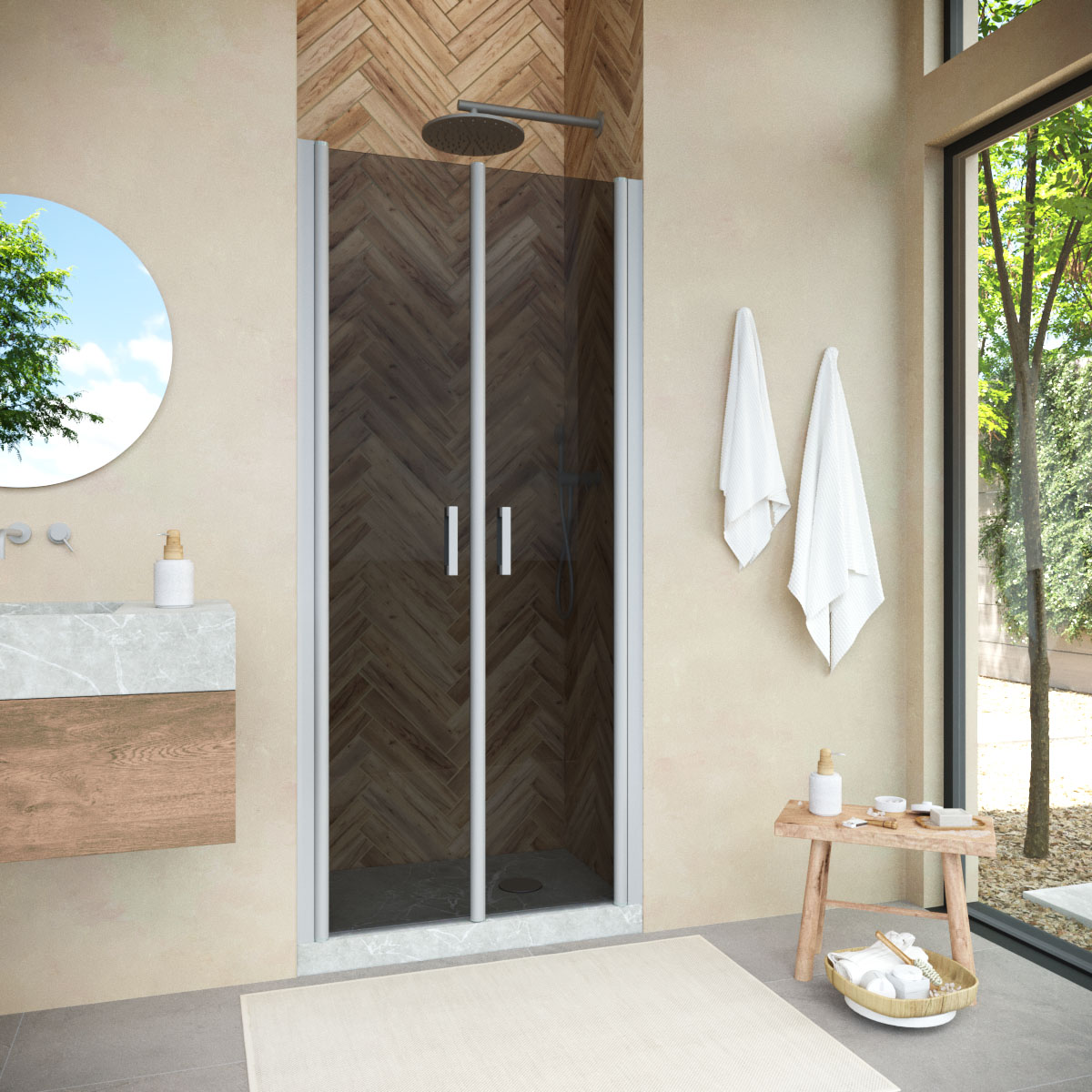 Душевая дверь в нишу Vegas Glass Е2Р NOVO h2000 75 07 07, профиль матовый хром, стекло графит