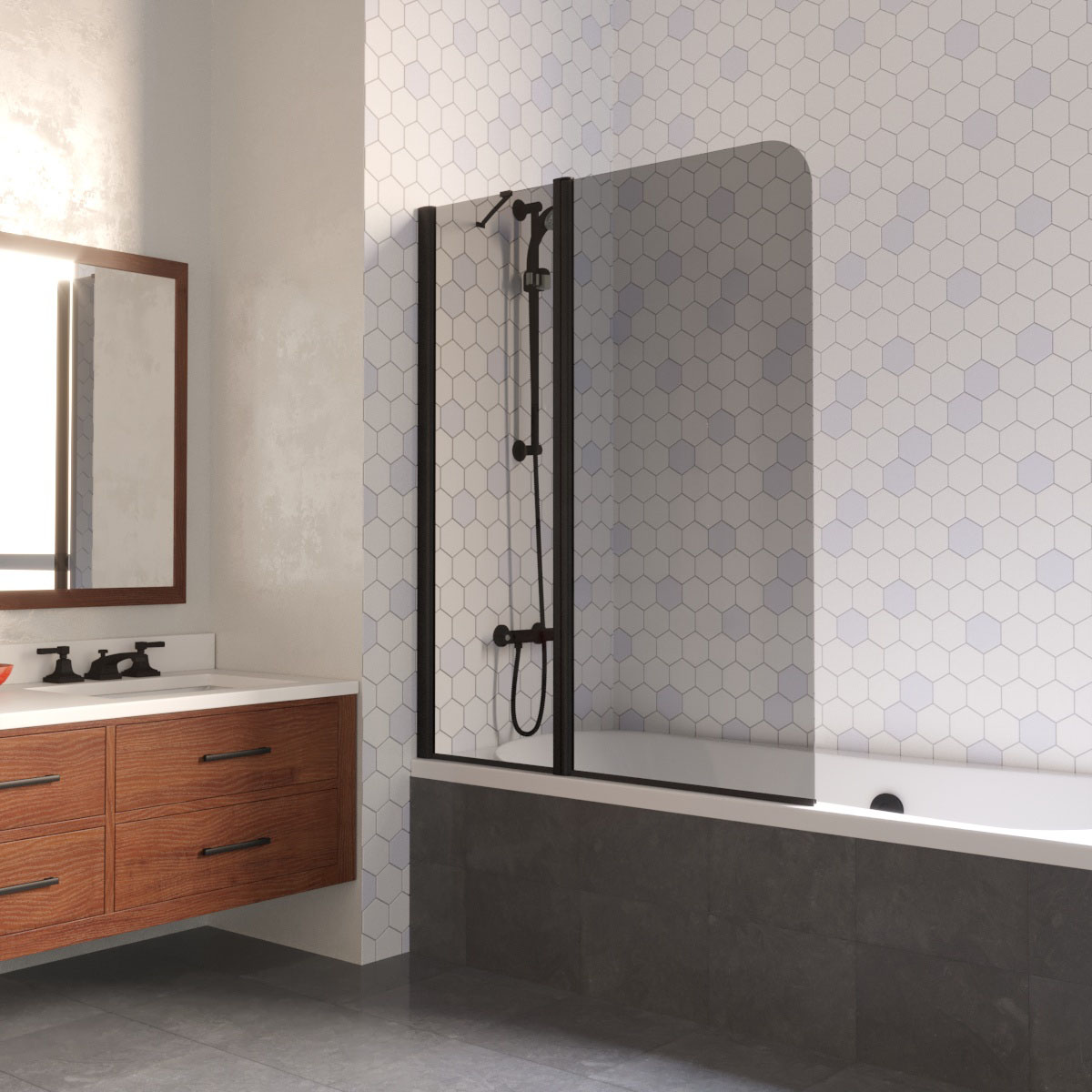 Шторка на ванну Vegas Glass E2V LUX ST 115 02М 07 L, профиль черный матовый, стекло графит